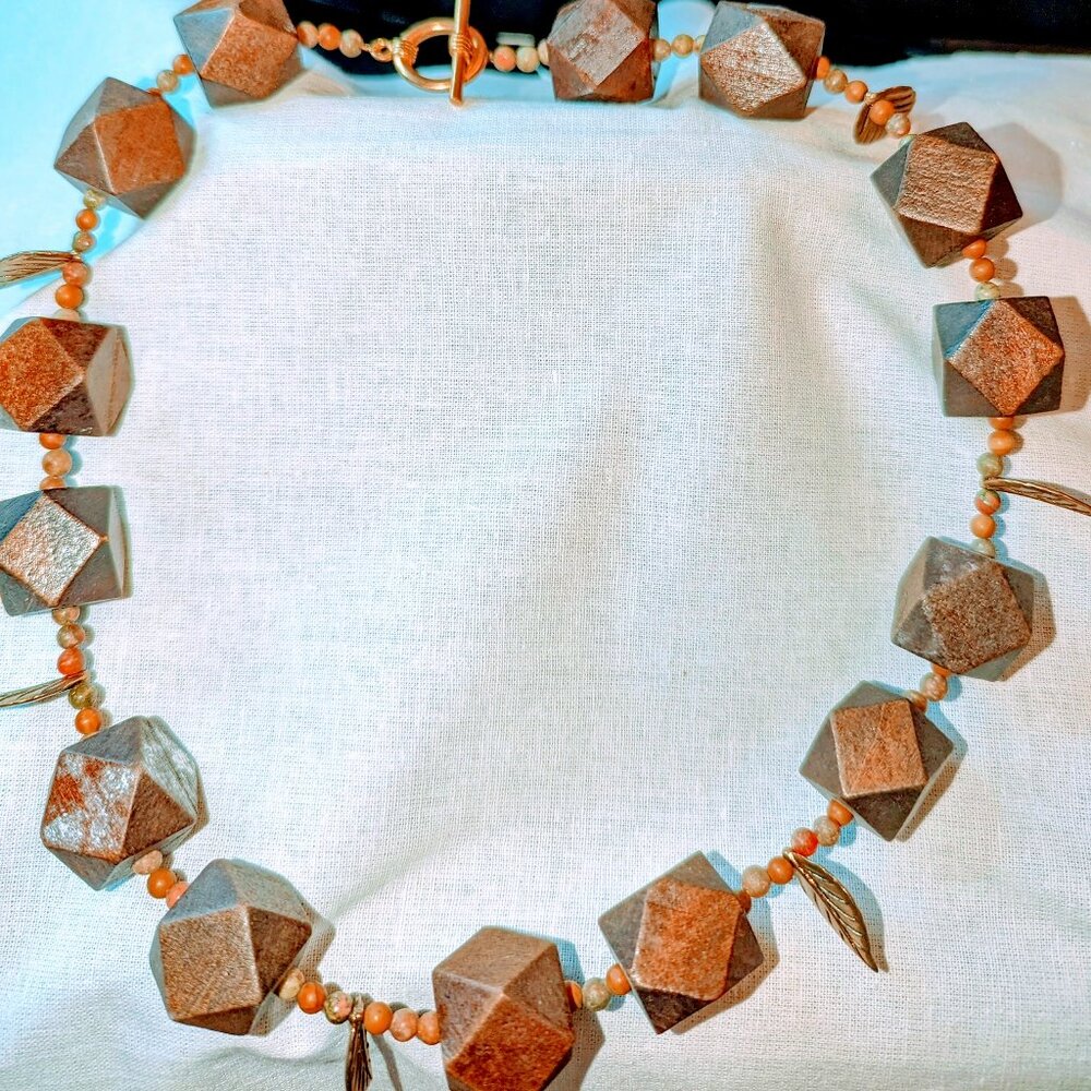 New brown wooden beads and gold leaf accent choker